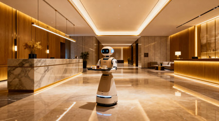 A futuristic hotel scene showcases a robot delivering refreshments in a luxurious settingの写真素材