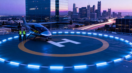 An eVTOL aircraft sits on a helipad with city lights in the background, showcasing the future of urban air mobilityの写真素材
