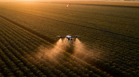 An aerial view captures a drone applying fertilizer to a field of crops, showcasing modern farming techniquesの写真素材