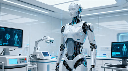 A sleek, white robot stands in a modern laboratory, surrounded by medical equipment and computer...