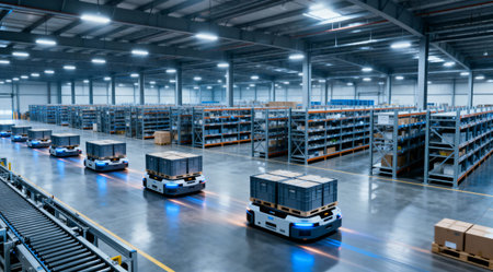 Autonomous robots efficiently move materials through a large distribution center, streamlining...