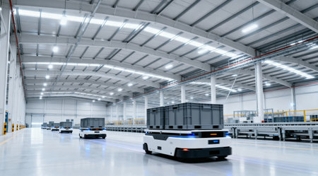 Autonomous mobile robots move materials through a large distribution center, streamlining logistics and improving efficiencyの写真素材