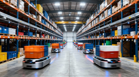 Autonomous robots move containers along the warehouse floor, streamlining logistics and improving efficiencyの写真素材