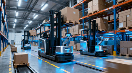 Automated forklifts move boxes in a modern warehouse, showcasing logistics and supply chain efficiencyの写真素材