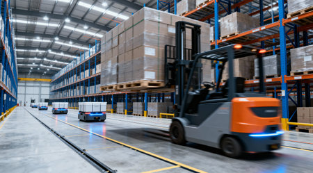 A forklift moves a pallet of boxes in a large warehouse, while automated guided vehicles travel on...