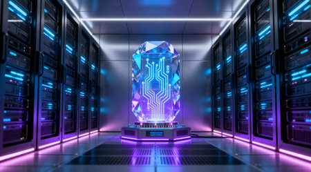 A digital crystal with a circuit board design sits in a server room, symbolizing advanced technology