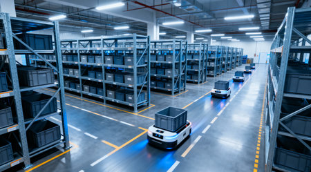 Autonomous robots move along designated paths, streamlining logistics and warehouse operations with efficiency and precisionの写真素材