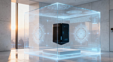 A server is displayed in a glass cube with a digital interface, representing modern technology and...