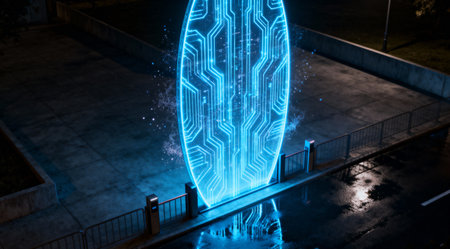 A glowing blue portal with a circuit board design is shown in a city at night, creating a futuristic sceneの写真素材
