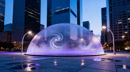 This unique public art piece features a transparent dome with illuminated vortex patterns, set...