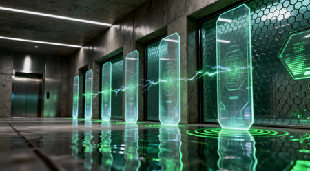 This image depicts a futuristic hallway with glowing energy panels and reflections on the floor, creating a sense of advanced technologyの写真素材