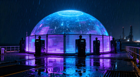 This striking image showcases a futuristic dome with vibrant neon lights, set against a dark, rainy...