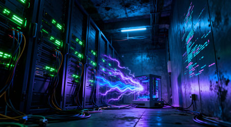 A futuristic data center with servers and a computer emitting energy, representing data transfer and...