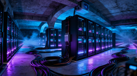 This image showcases a cutting-edge data center with rows of servers and a cool, neon-lit atmosphere