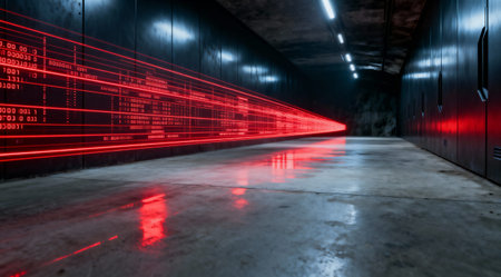 A modern tunnel with a data stream of binary code in red light, creating a futuristic atmosphere