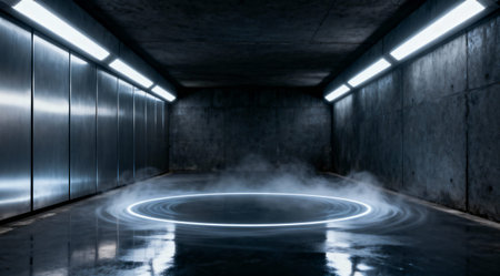 A modern, minimalist space with a glowing neon circle and atmospheric vapor creates a mysterious...