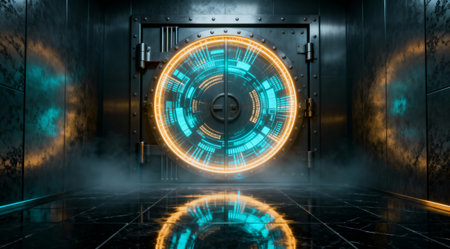 A high-tech vault door glows with a digital interface, creating a sense of security and advanced technologyの写真素材