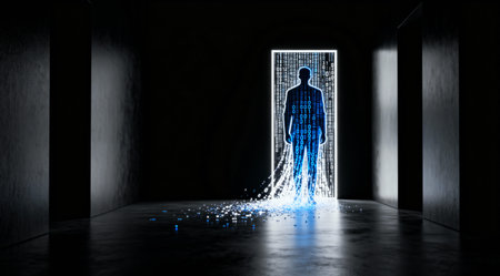 A person made of data emerges from a digital portal, symbolizing technology and the futureの写真素材
