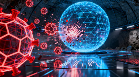 This image depicts a futuristic concept of a virus being repelled by a force fieldの写真素材