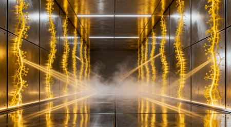 This image showcases a modern, futuristic hallway with dramatic lighting and a mysterious atmosphereの写真素材