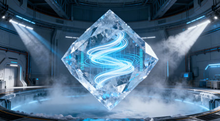 A diamond-shaped crystal with a swirling energy core floats in a high-tech laboratory setting, creating a captivating visualの写真素材