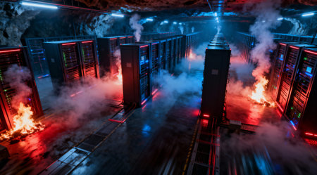 A server room is engulfed in flames and smoke, indicating a major data center failure or cyberattack...