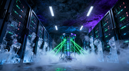 This image shows a high-tech server room with a unique design, featuring ice formations and neon...