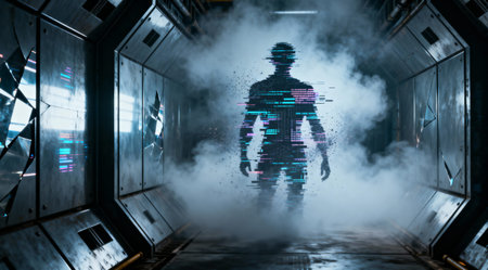 A digital human form materializes in a futuristic corridor filled with smoke and broken glass