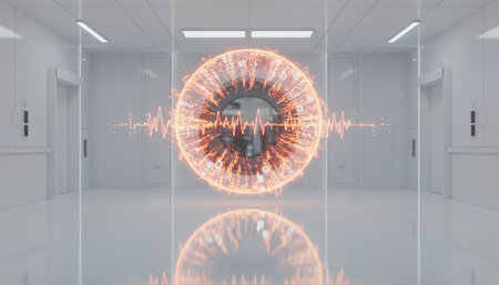 An artistic representation of a digital eye with a heartbeat monitor in a futuristic settingの写真素材