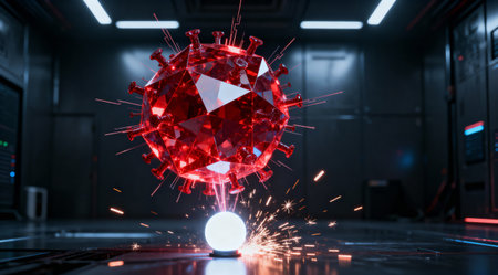 A futuristic depiction of a virus being targeted by a beam of light in a high-tech laboratory settingの写真素材