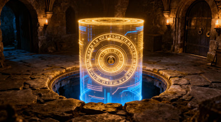 A futuristic, illuminated cylinder with a lock symbol stands in a medieval-style stone room, creating a captivating sceneの写真素材