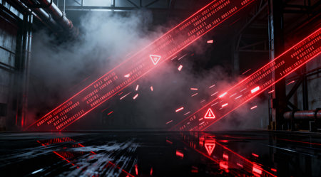 Red glowing lines of code and danger symbols create a dramatic, high-tech scene with a sense of danger and urgencyの写真素材