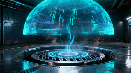 A glowing digital dome hovers above a platform, with data streams and energy emanating from it