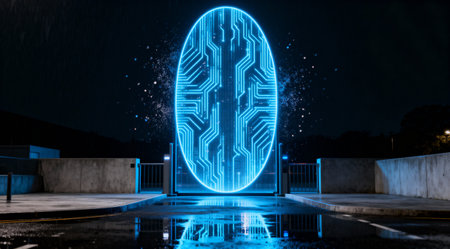 A glowing blue digital portal with circuit board design stands in a dark environment, creating a futuristic atmosphereの写真素材
