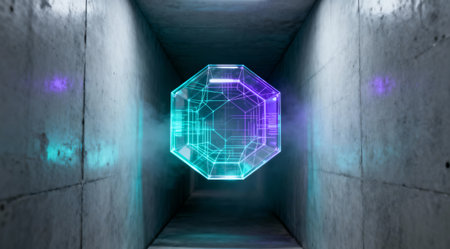 A glowing geometric crystal hovers in a dark tunnel, creating a sense of mystery and technological advancementの写真素材
