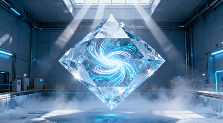 A large, glowing crystal floats in a futuristic laboratory, emitting a bright, swirling energy fieldの写真素材