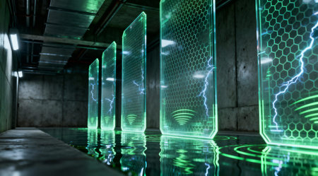The glowing panels reflect in the water, creating a visually stunning and mysterious atmosphere
