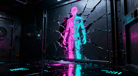 A neon-lit figure is split in two, emerging from a shattered surface in a high-tech environmentの写真素材