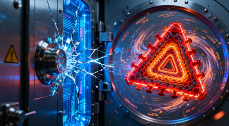 A conceptual image depicts a virus breaking through a vault door, symbolizing security breaches and threatsの写真素材