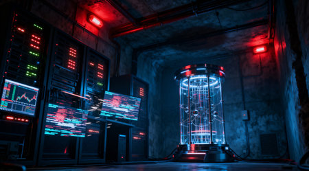 This image showcases a high-tech data center with servers, monitors, and a futuristic energy coreの写真素材