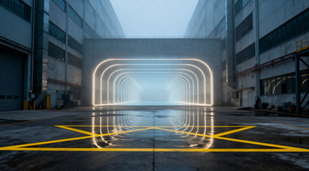 The futuristic tunnel glows with neon lights, reflecting on the wet ground of the industrial complexの写真素材