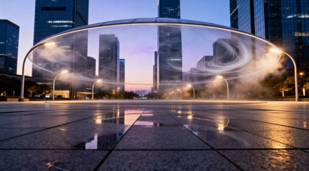 The urban landscape features a unique architectural design with a mesmerizing display of light and...