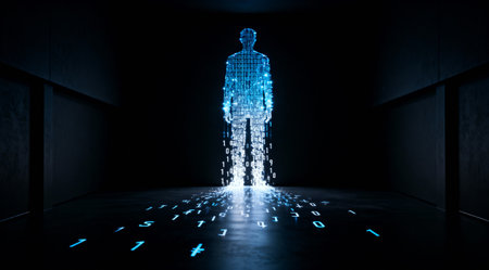 A glowing figure made of ones and zeros represents the concept of digital transformation and dataの写真素材