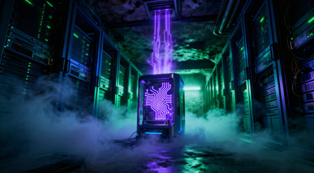 A server room with a glowing circuit board and data transfer beams, creating a futuristic and high-tech atmosphereの写真素材