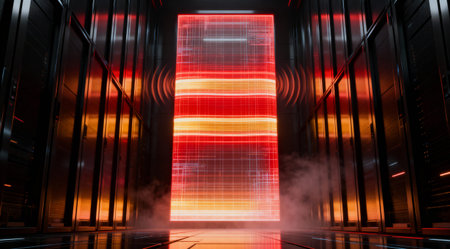 A high-tech server room with a large, illuminated screen and a futuristic aesthetic