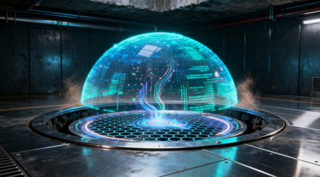 A glowing energy dome with digital data is displayed in a futuristic, sci-fi environment, creating a captivating visualの写真素材