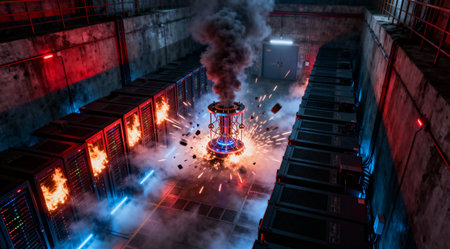 A server room is engulfed in flames, with sparks and smoke billowing from the equipment, indicating...