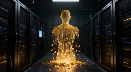 A glowing human form is created from data in a server room, symbolizing the digital ageの写真素材
