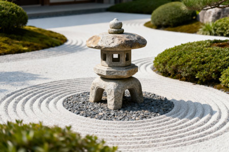 A serene Japanese zen garden features a stone lantern, raked gravel, and carefully placed greenery, creating a peaceful atmosphereの写真素材