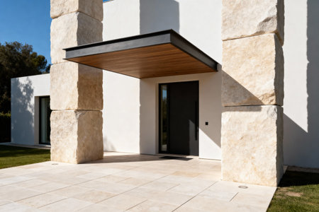 The contemporary architecture features a minimalist design with natural stone and a welcoming entranceの写真素材
